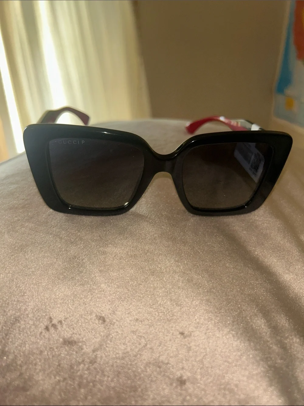 Gucci Men’s Black & Red Square Logo Eyeglasses with Gold Emblem
